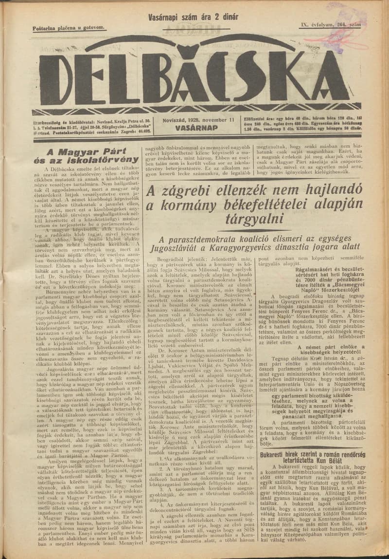 Délbácska, 9. évf. 1928. november 11. 264. sz.
