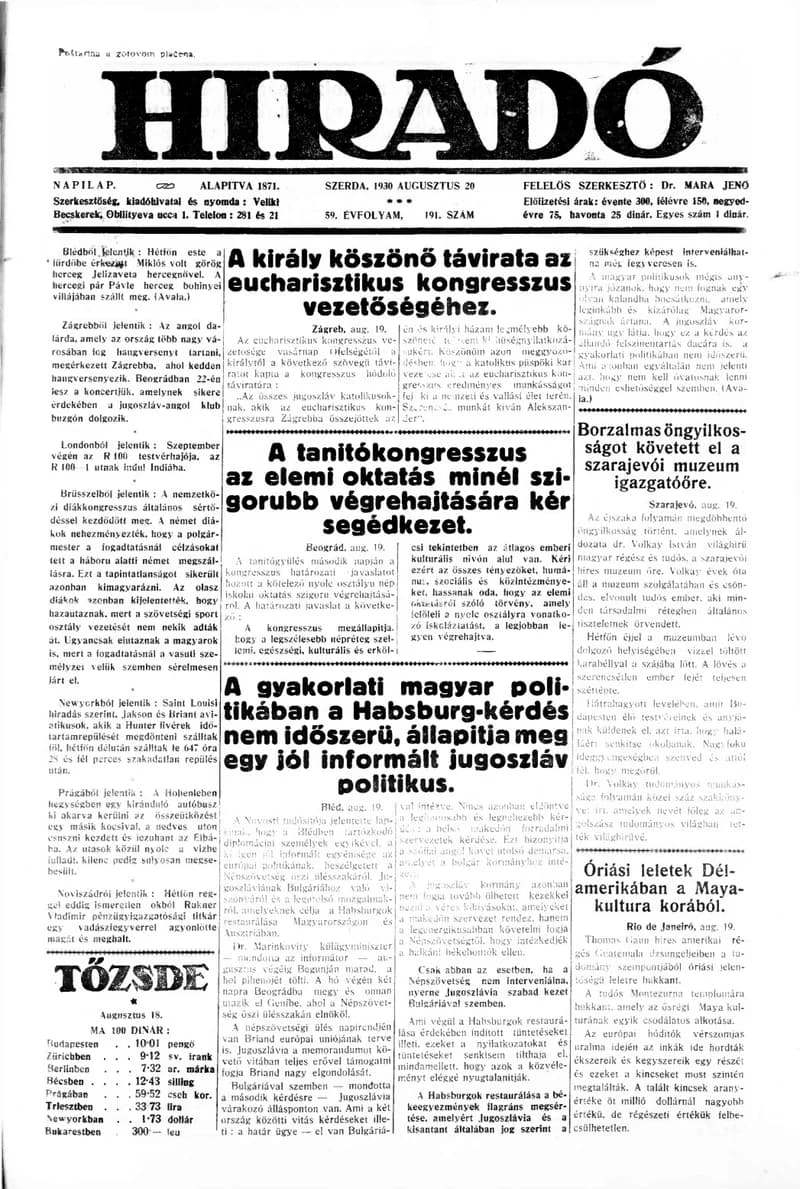 Híradó, 59. évf. 1930. augusztus 20. 191. sz.
