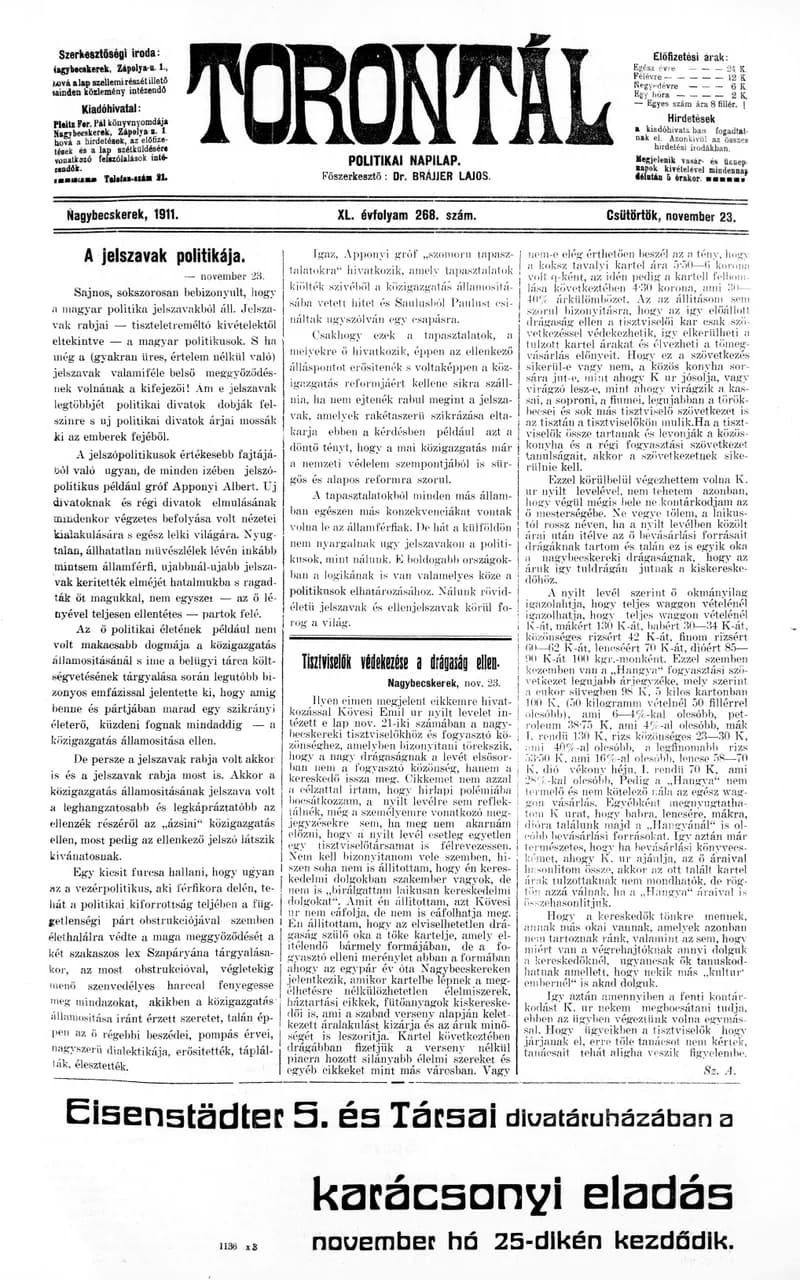 Torontál, 40. évf. 1911. november 23. 268. sz.