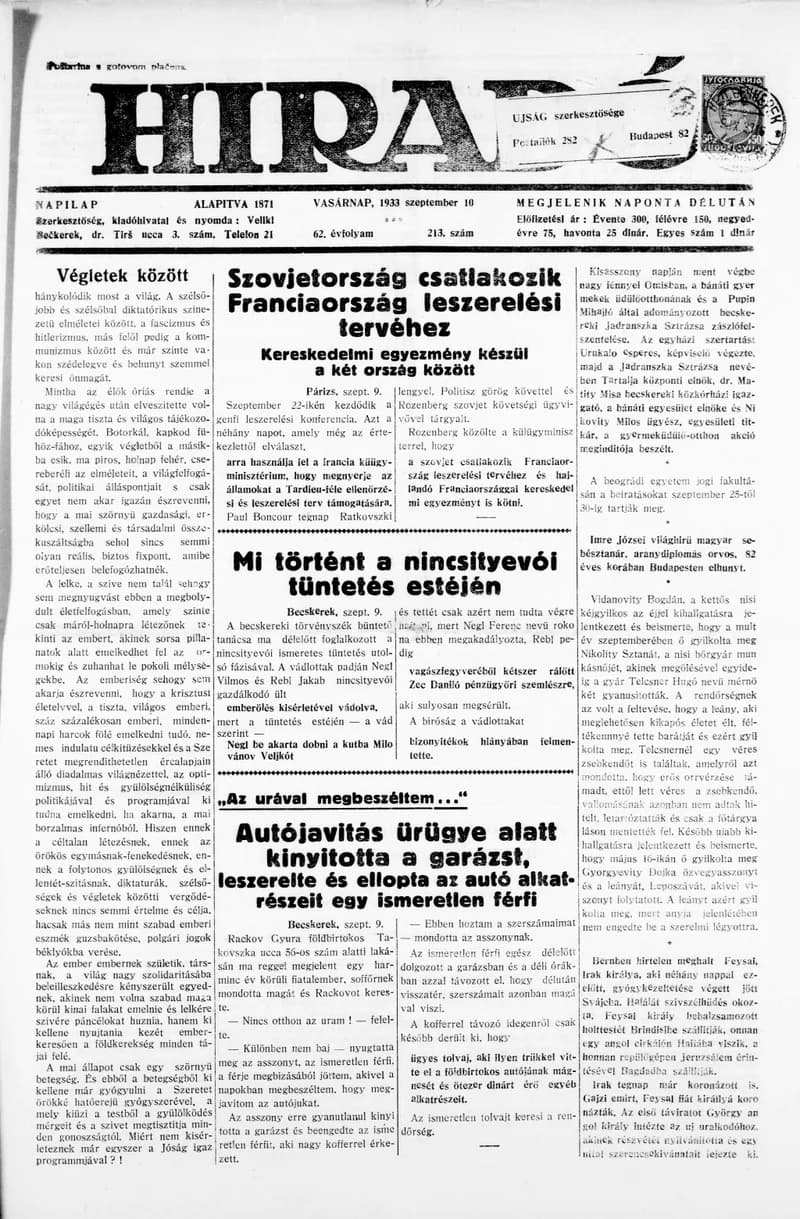Híradó, 62. évf. 1933. szeptember 10. 213. sz.