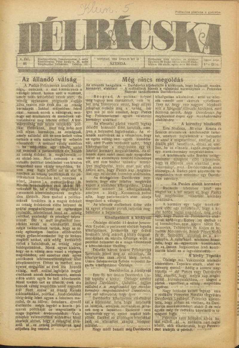 Délbácska, 5. évf. 1924. április 16. 91. sz.