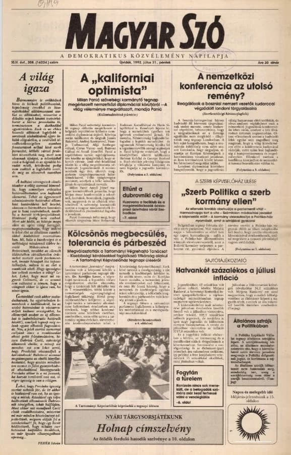 Magyar Szó, 49. évf. 1992. július 31. 208. sz. 1–16. oldal