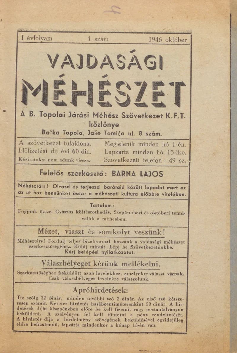 Vajdasági méhészet Bácska Topolya, 1. évf. 1946. október 1. 1. sz.
