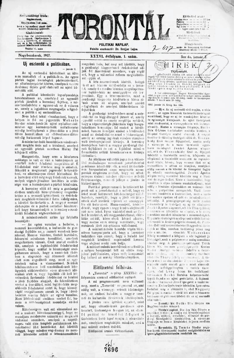 Torontál, 36. évf. 1907. január 2. 1. sz.