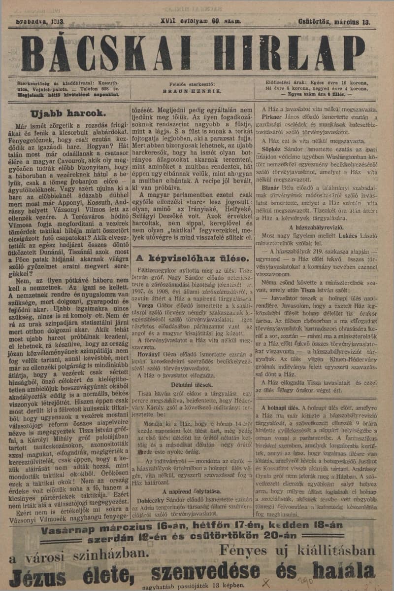 Bácskai Hirlap, 17. évf. 1913. március 13. 60. sz.