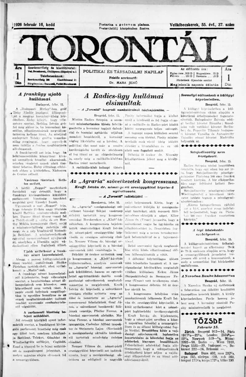 Torontál, 55. évf. 1926. február 16. 37. sz.