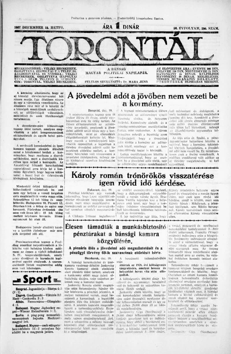 Torontál, 56. évf. 1927. december 19. 290. sz.