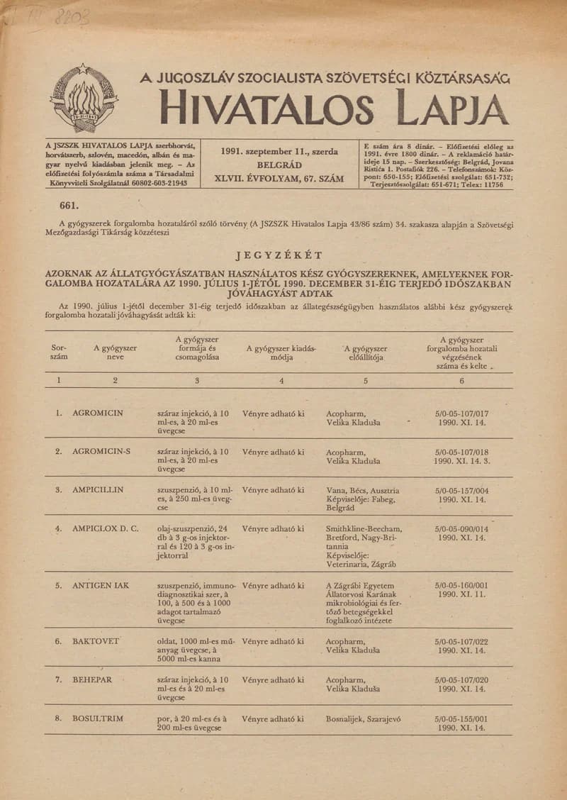 A Jugoszláv Szocialista Szövetségi Köztársaság Hivatalos Lapja, 47. évf. 1991. szeptember 11. 67. sz. 1097–1100. oldal