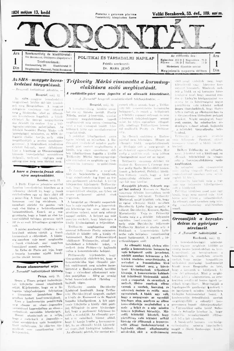 Torontál, 53. évf. 1924. május 13. 109. sz.
