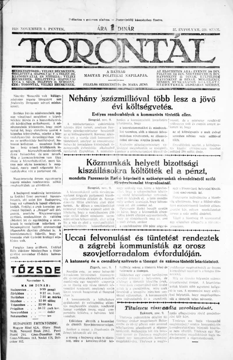 Torontál, 57. évf. 1928. november 9. 260. sz.
