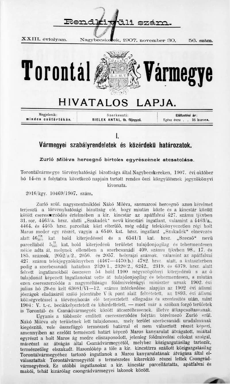 Torontál Vármegye Hivatalos Lapja, 23. évf. 1907. november 30. 56. sz.