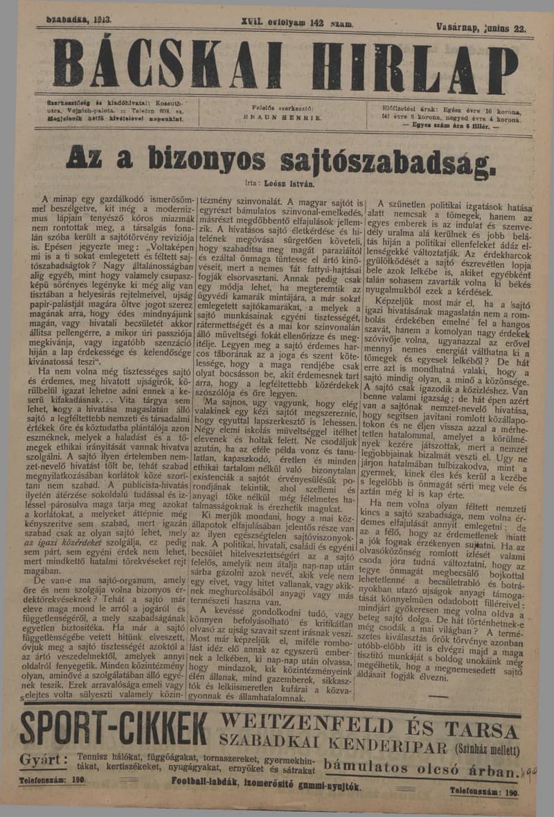 Bácskai Hirlap, 17. évf. 1913. június 22. 142. sz.
