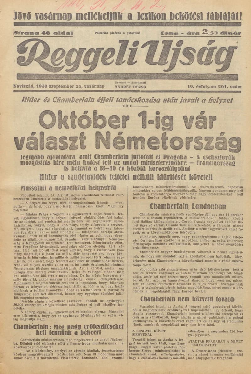 Reggeli Újság, 19. évf. 1938. szeptember 25. 261. sz.