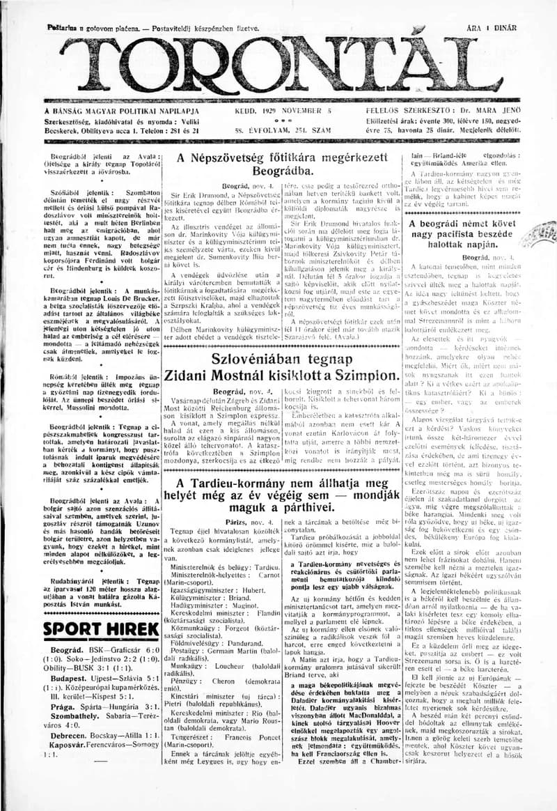 Torontál, 58. évf. 1929. november 5. 254. sz.
