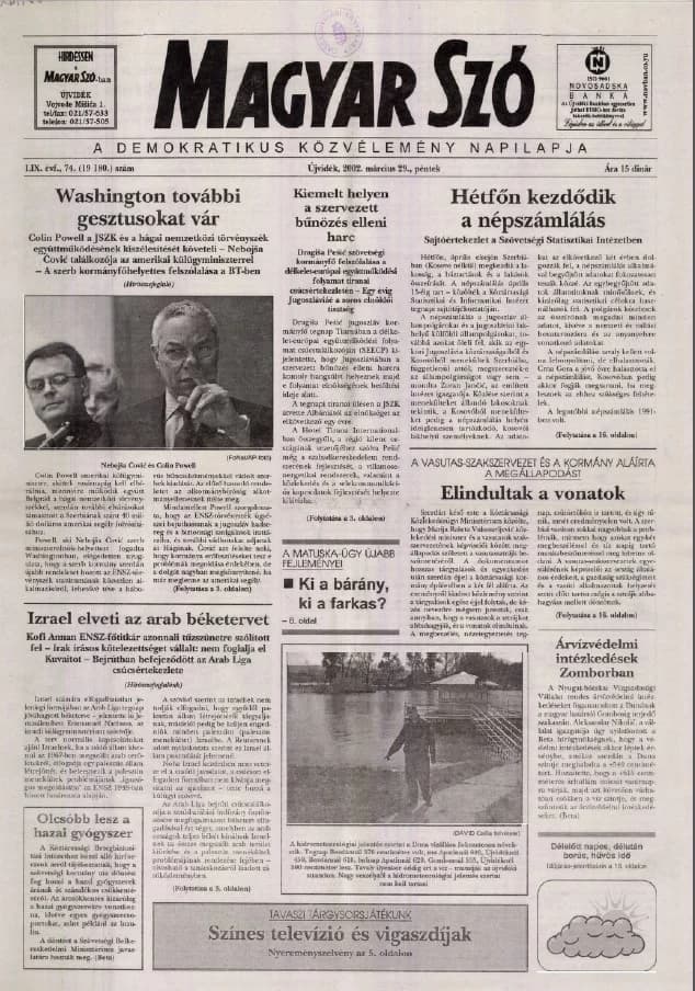 Magyar Szó, 59. évf. 2002. március 29. 74. sz. 1–16. oldal