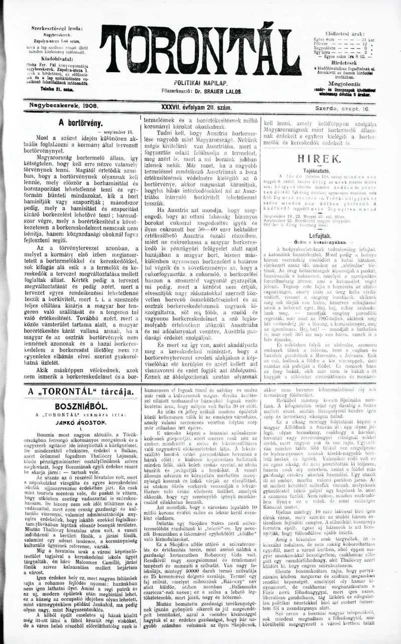 Torontál, 37. évf. 1908. szeptember 16. 211. sz.