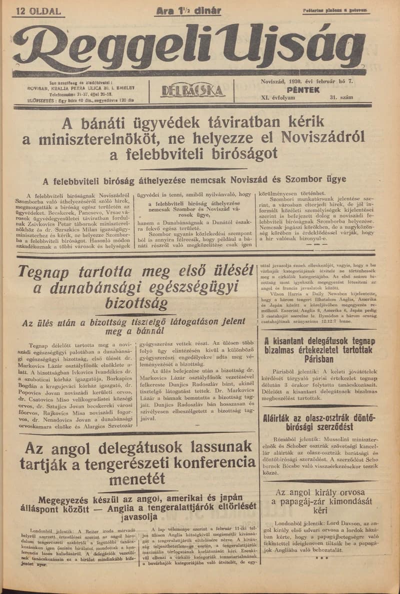 Reggeli Újság, 11. évf. 1930. február 7. 31. sz.