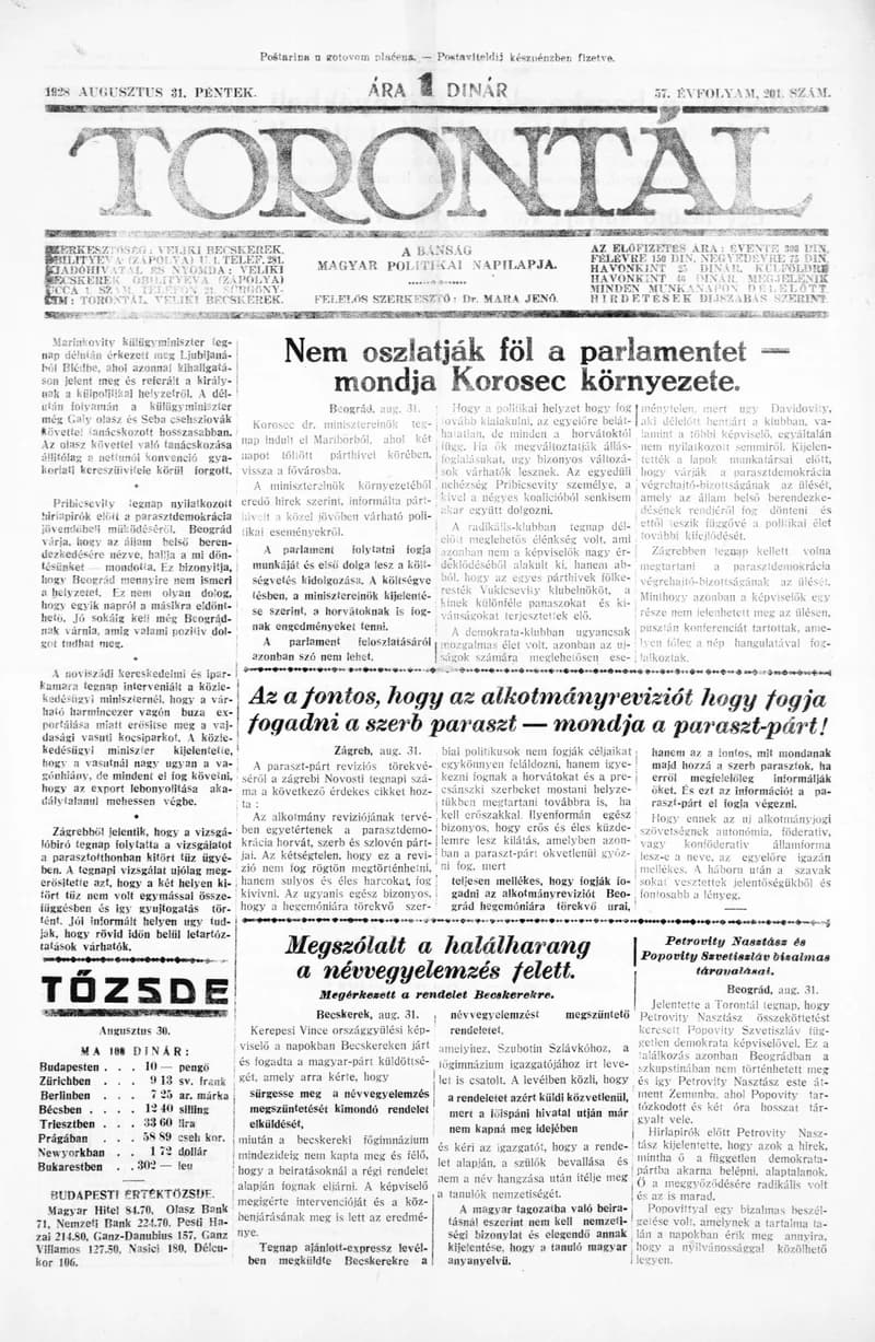 Torontál, 57. évf. 1928. augusztus 31. 201. sz.