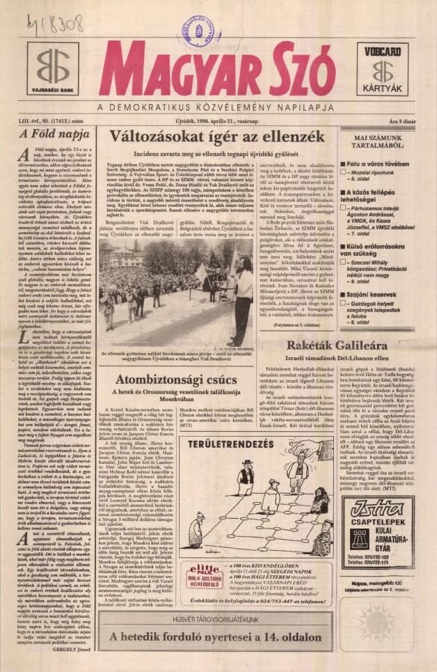 Magyar Szó, 53. évf. 1996. április 21. 95. sz. 1–24. oldal