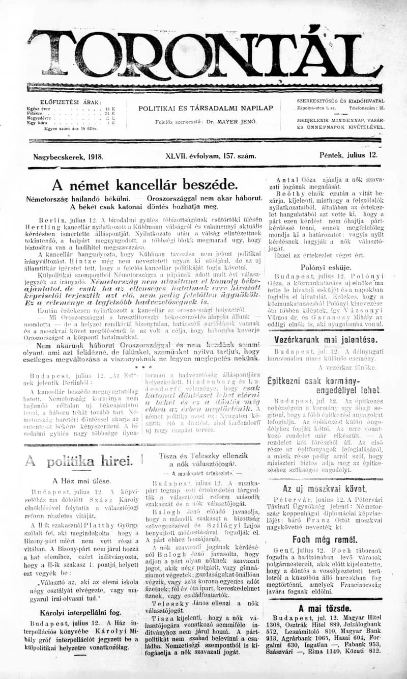 Torontál, 47. évf. 1918. július 12. 157. sz.