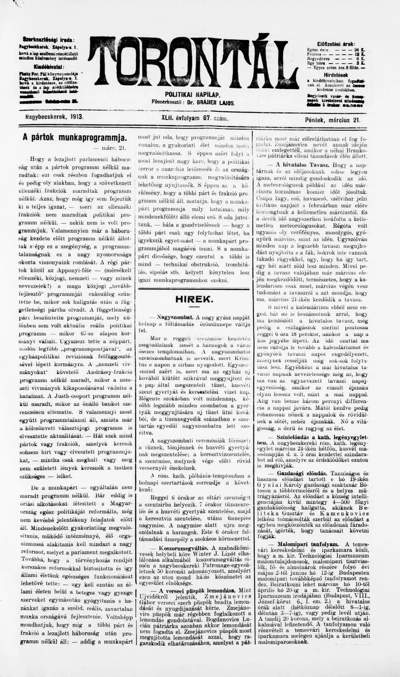 Torontál, 42. évf. 1913. március 21. 67. sz.