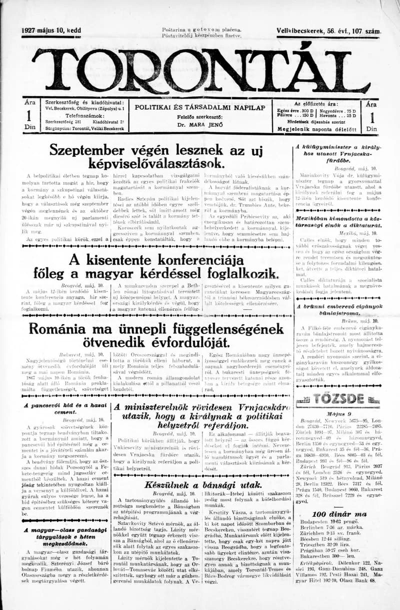 Torontál, 56. évf. 1927. május 10. 107. sz.