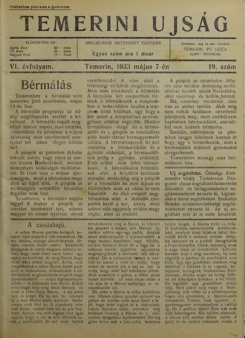 Temerini Újság 1928-1944, 6. évf. 1933. május 7. 19. sz.