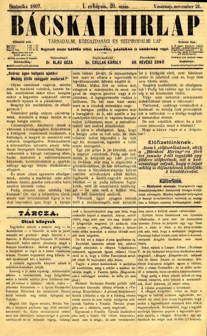 Bácskai Hirlap, 1. évf. 1897. november 21. 29. sz. 1–4. oldal