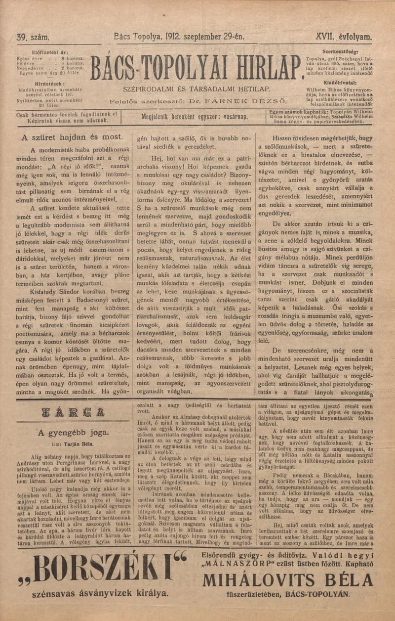 Bács-Topolyai Hirlap, 17. évf. 1912. szeptember 29. 39. sz.