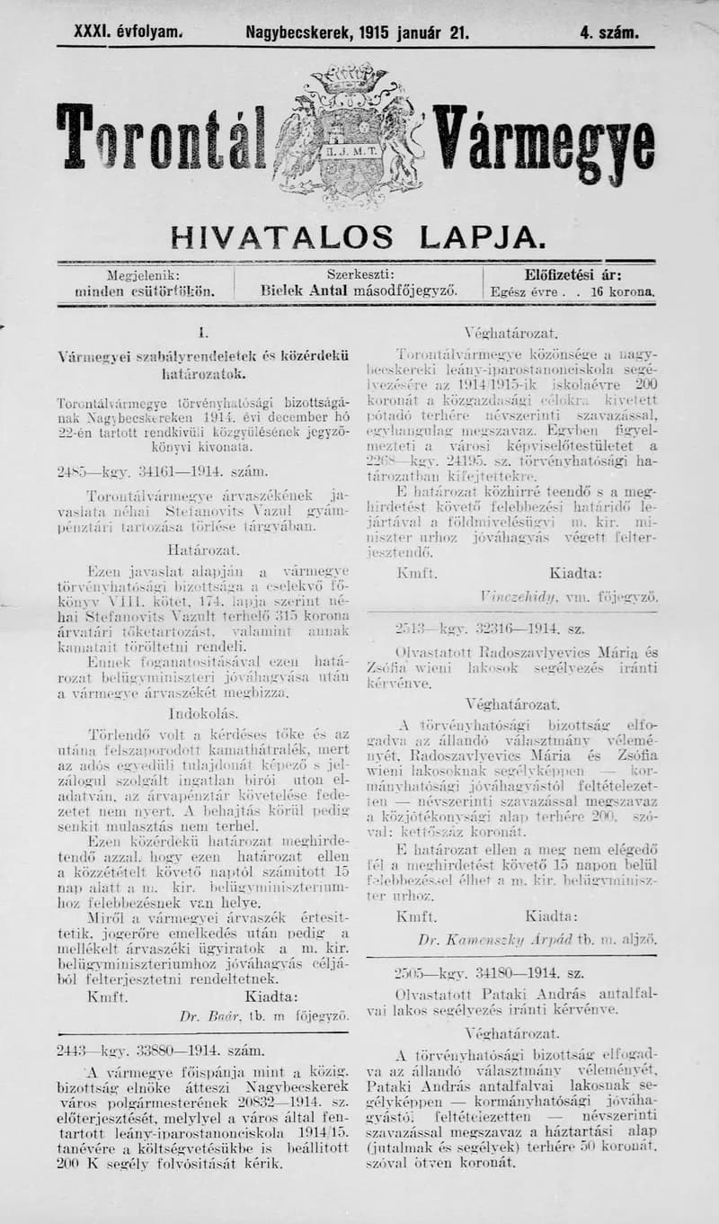 Torontál Vármegye Hivatalos Lapja, 31. évf. 1915. január 21. 4. sz.
