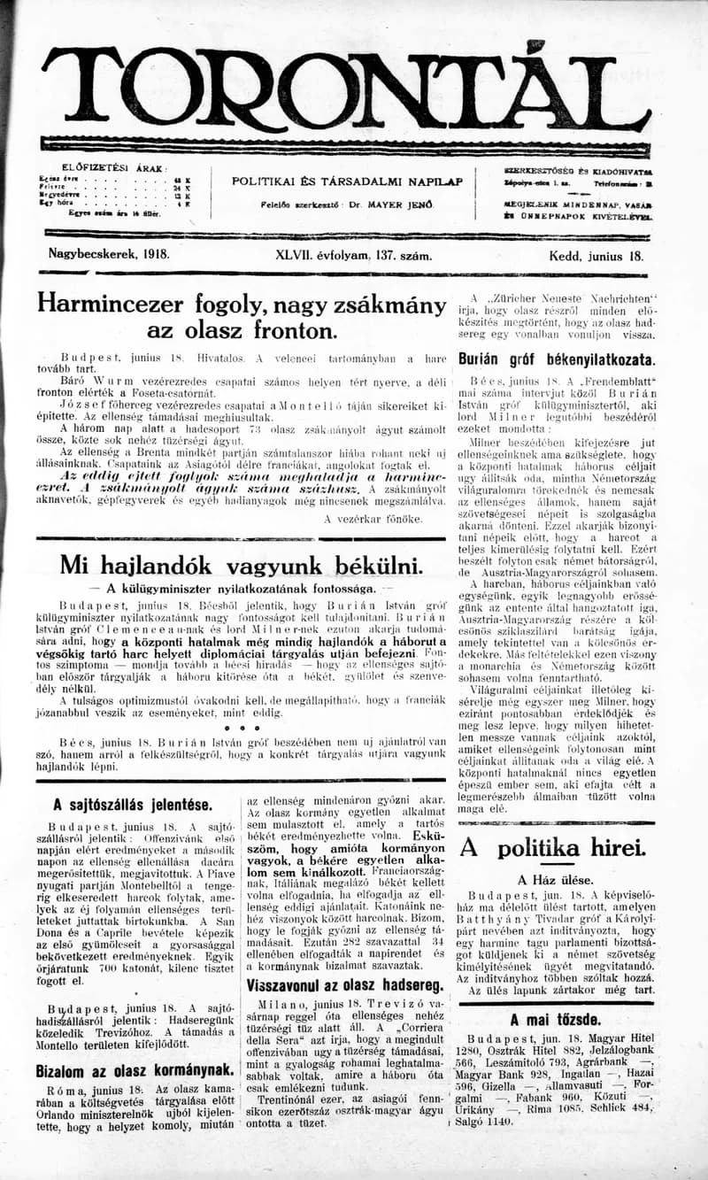 Torontál, 47. évf. 1918. június 18. 137. sz.