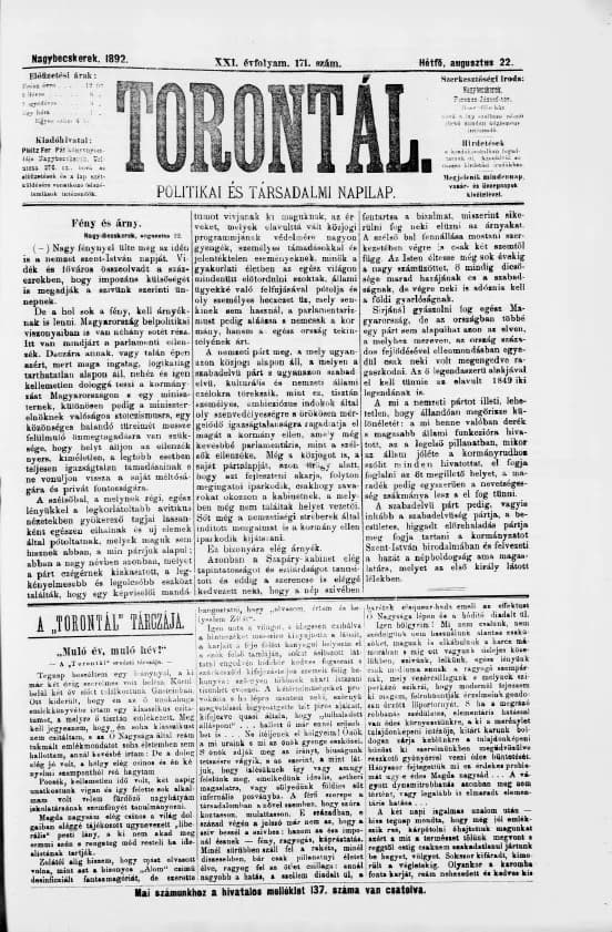 Torontál, 21. évf. 1892. augusztus 22. 171. sz.