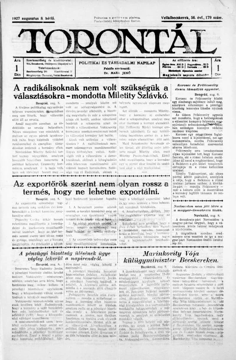 Torontál, 56. évf. 1927. augusztus 8. 179. sz.