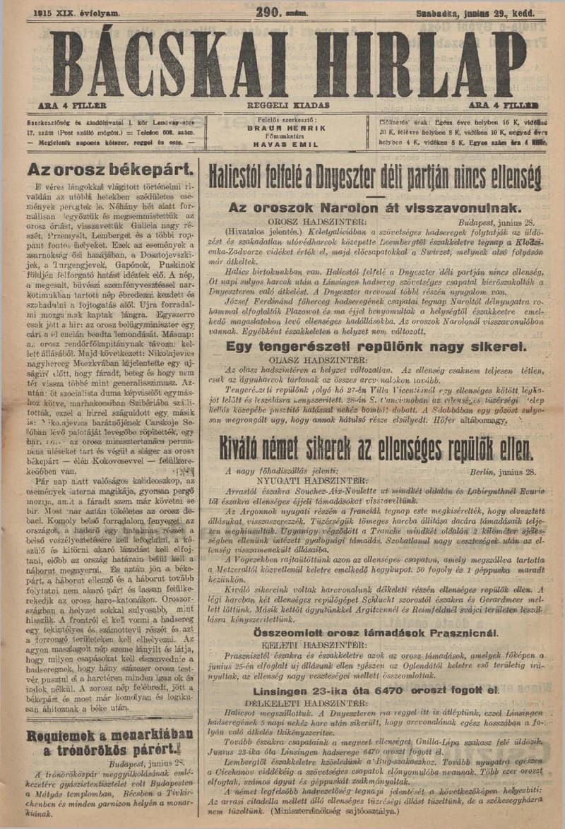 Bácskai Hirlap, 19. évf. 1915. június 29. 290. sz.