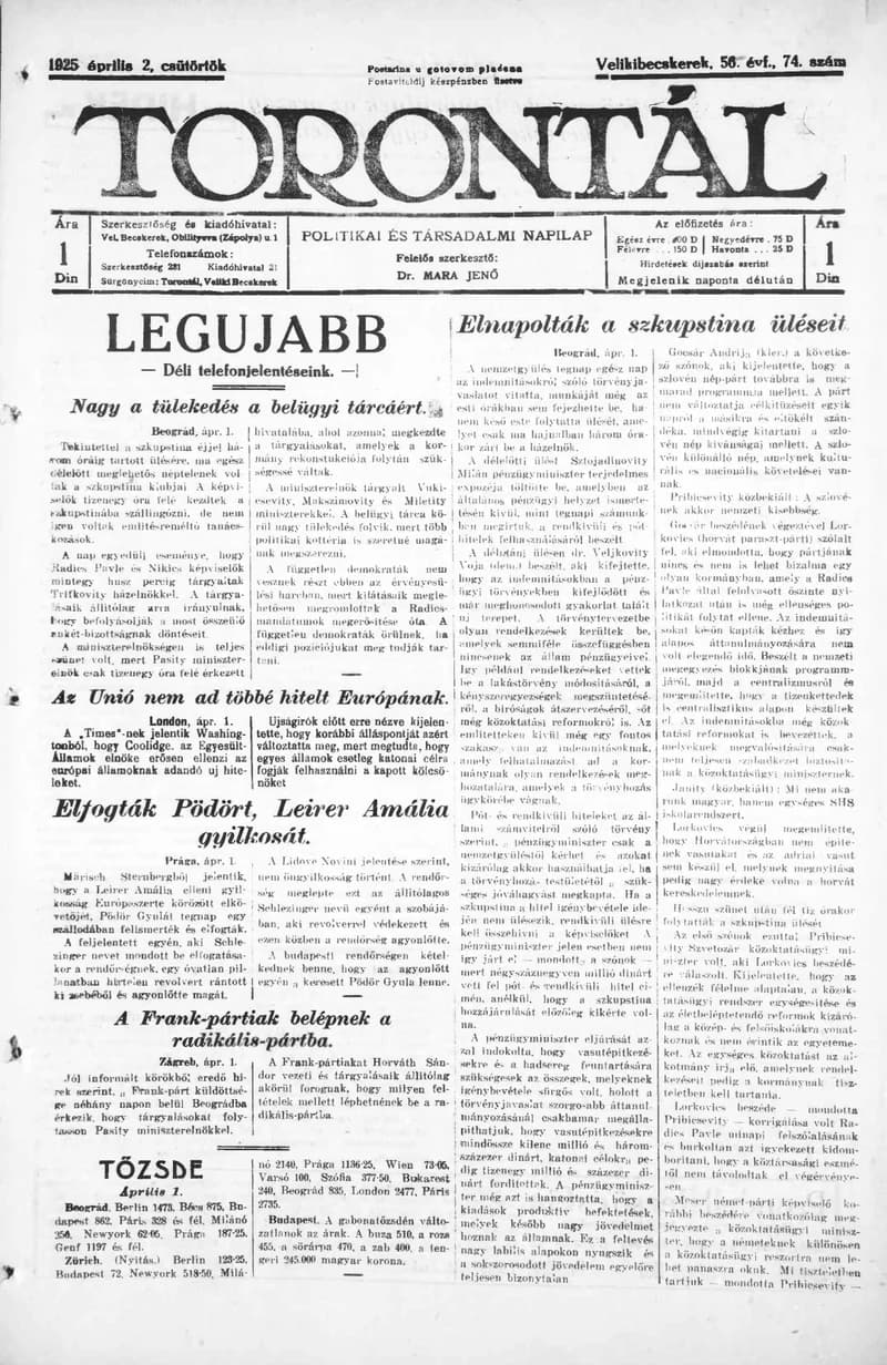 Torontál, 54. évf. 1925. április 2. 74. sz.
