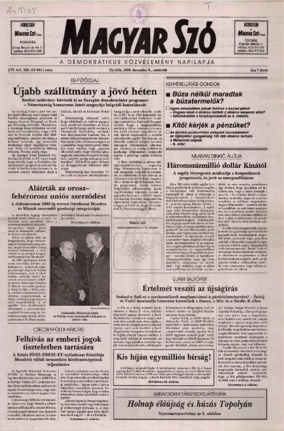 Magyar Szó, 56. évf. 1999. december 9. 243. sz. 1–16. oldal