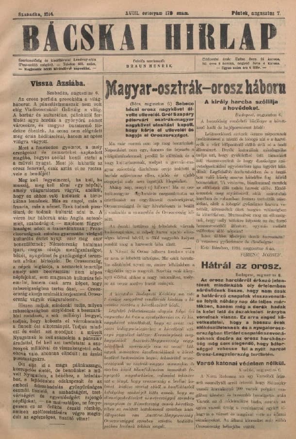 Bácskai Hirlap, 18. évf. 1914. augusztus 7. 178. sz.