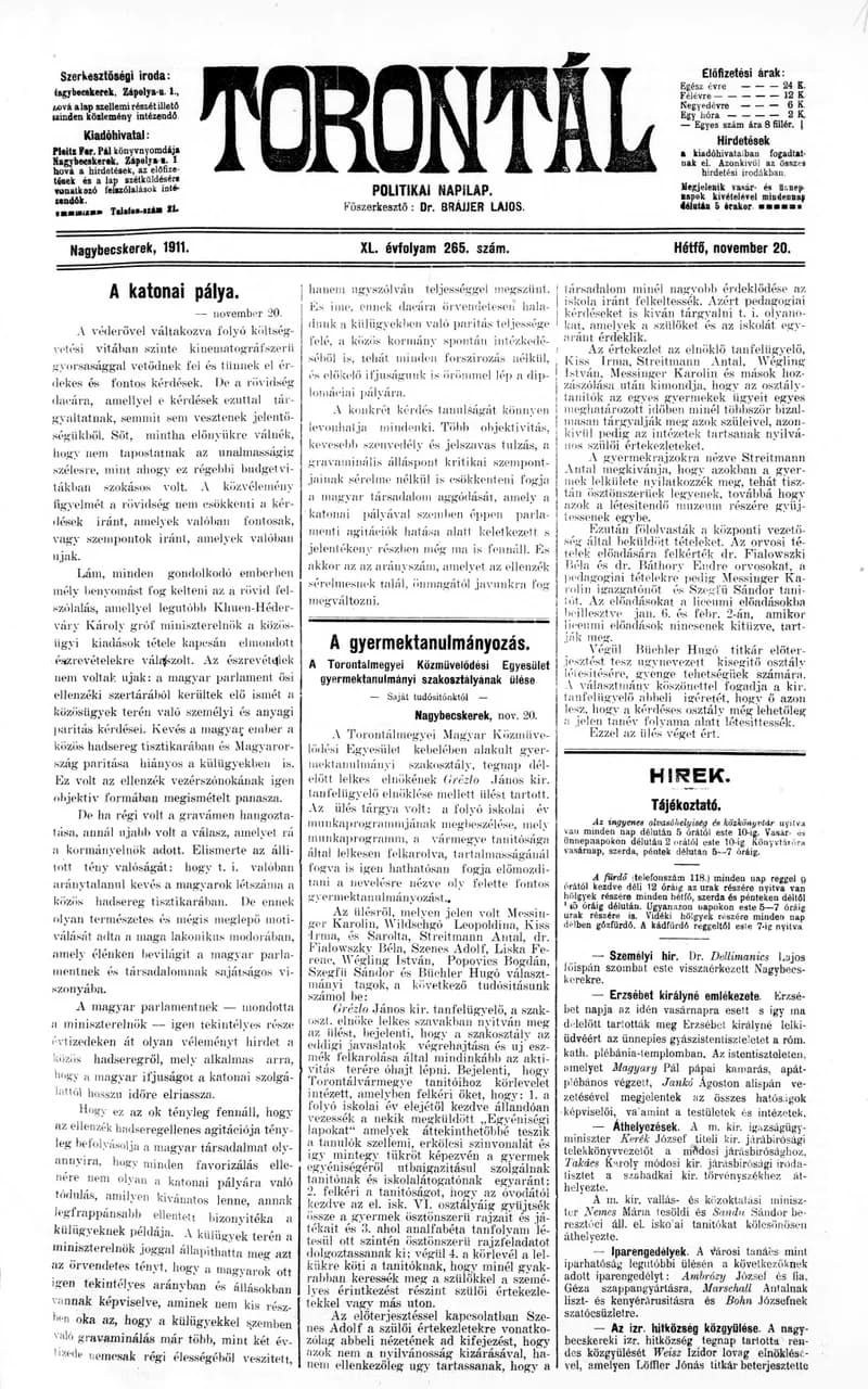 Torontál, 40. évf. 1911. november 20. 265. sz.