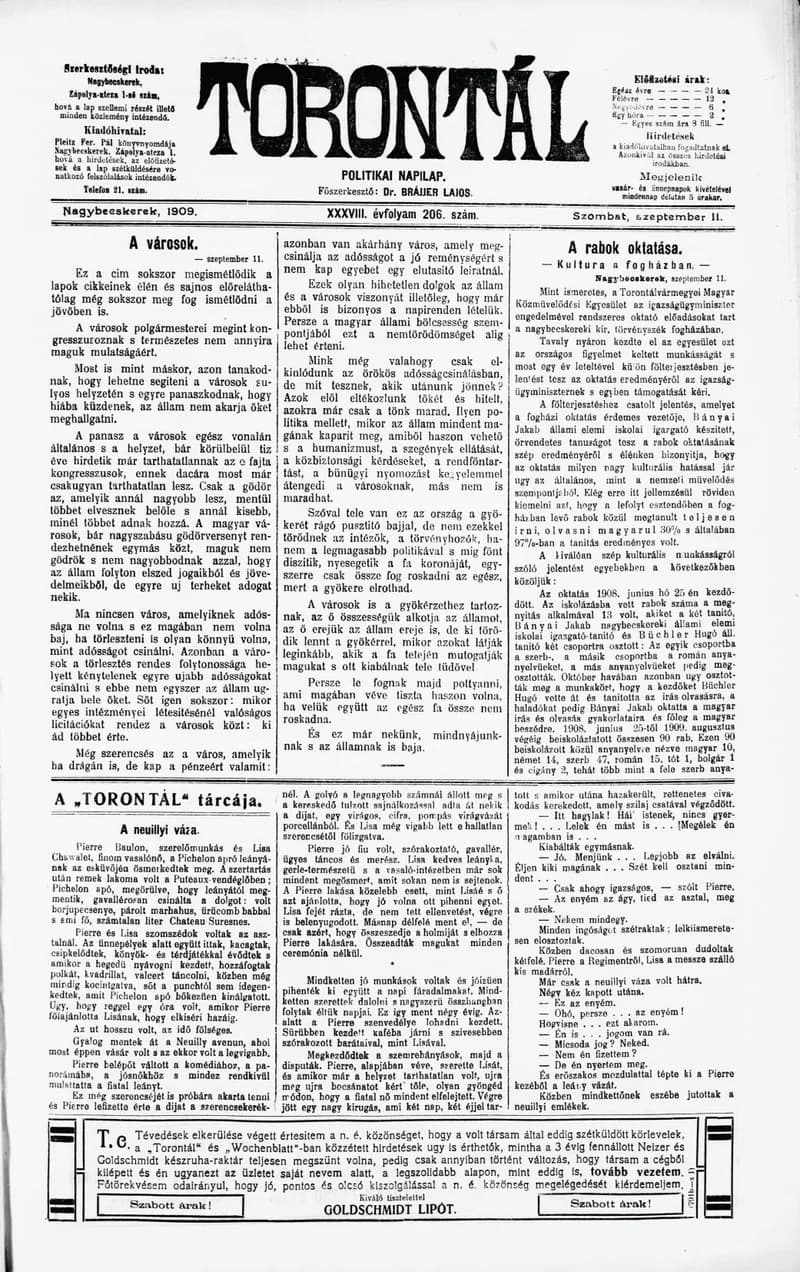 Torontál, 38. évf. 1909. szeptember 11. 206. sz.