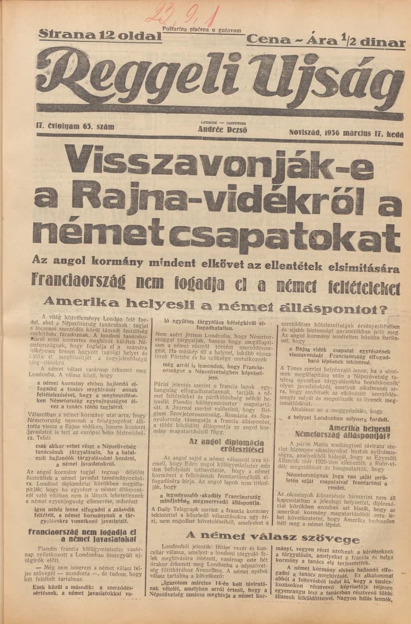 Reggeli Újság, 17. évf. 1936. március 17. 65. sz.