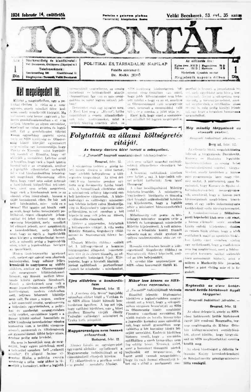 Torontál, 53. évf. 1924. február 14. 35. sz.
