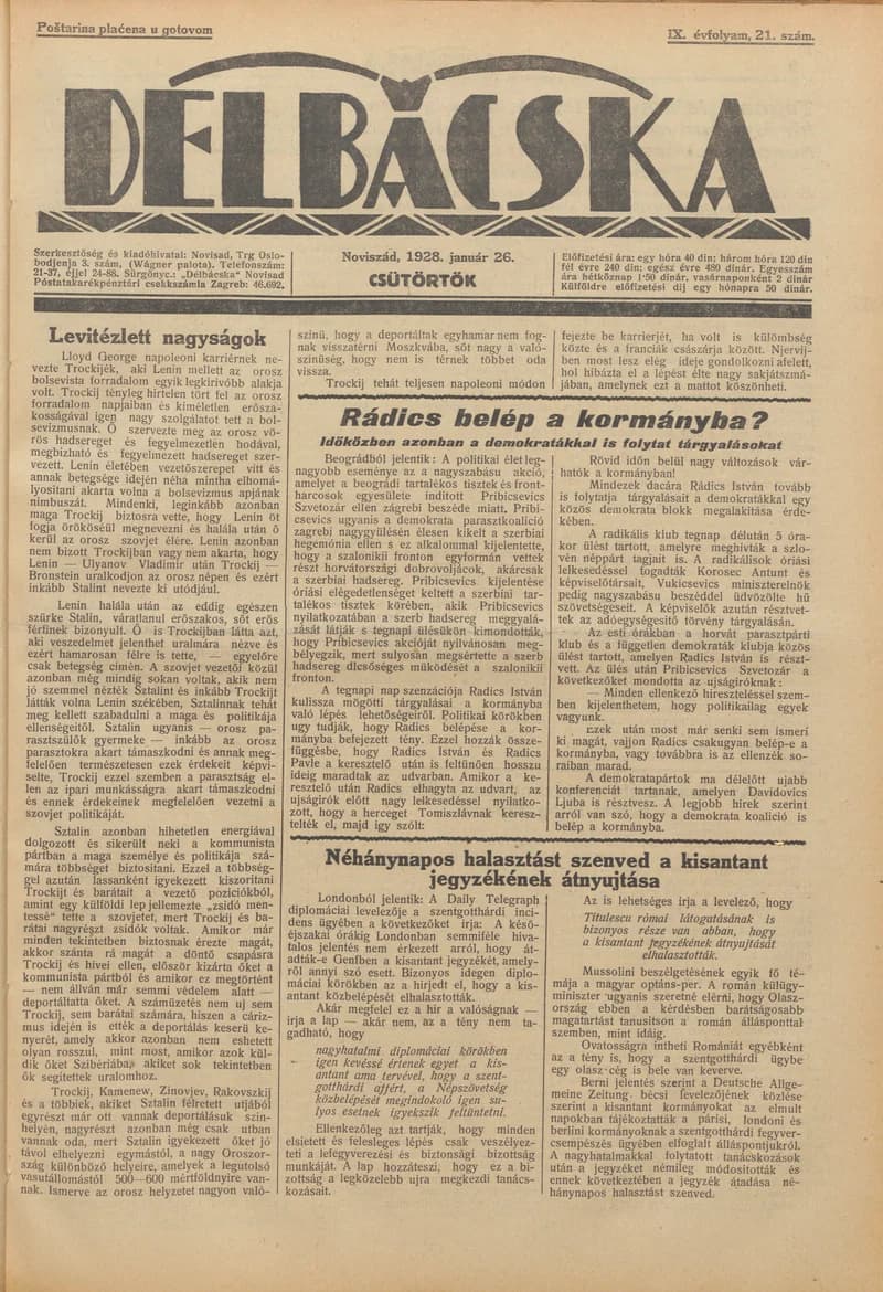 Délbácska, 9. évf. 1928. január 26. 21. sz.