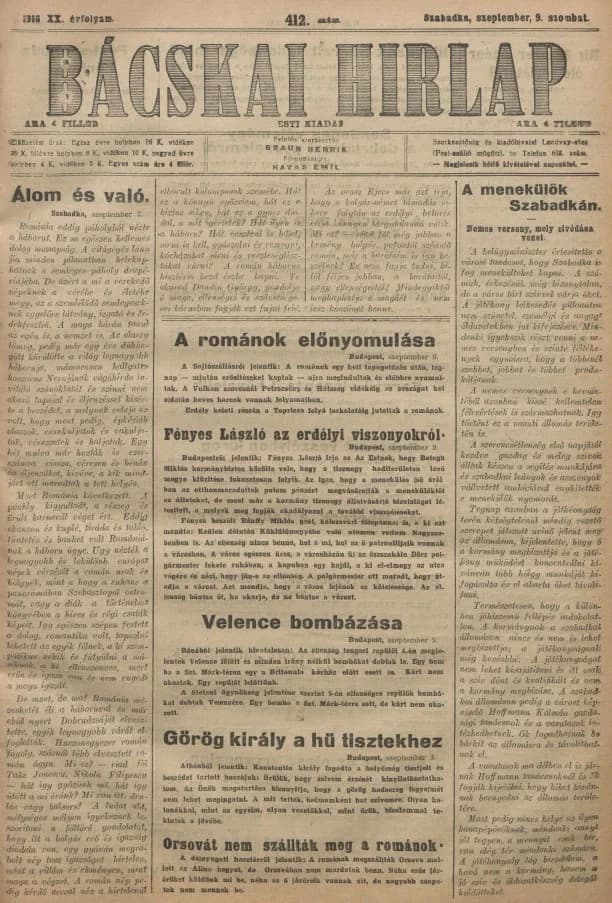 Bácskai Hirlap, 20. évf. 1916. szeptember 9. 412. sz.