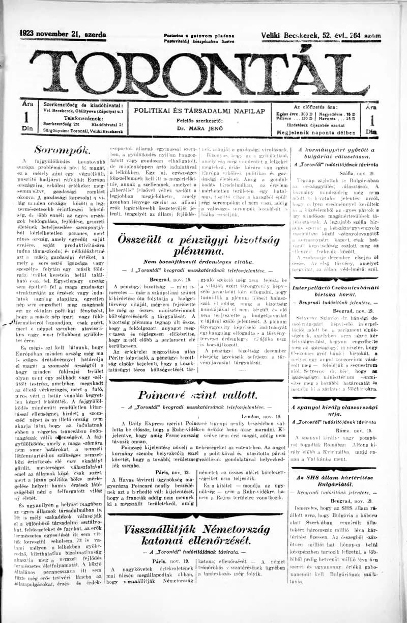 Torontál, 52. évf. 1923. november 21. 264. sz.