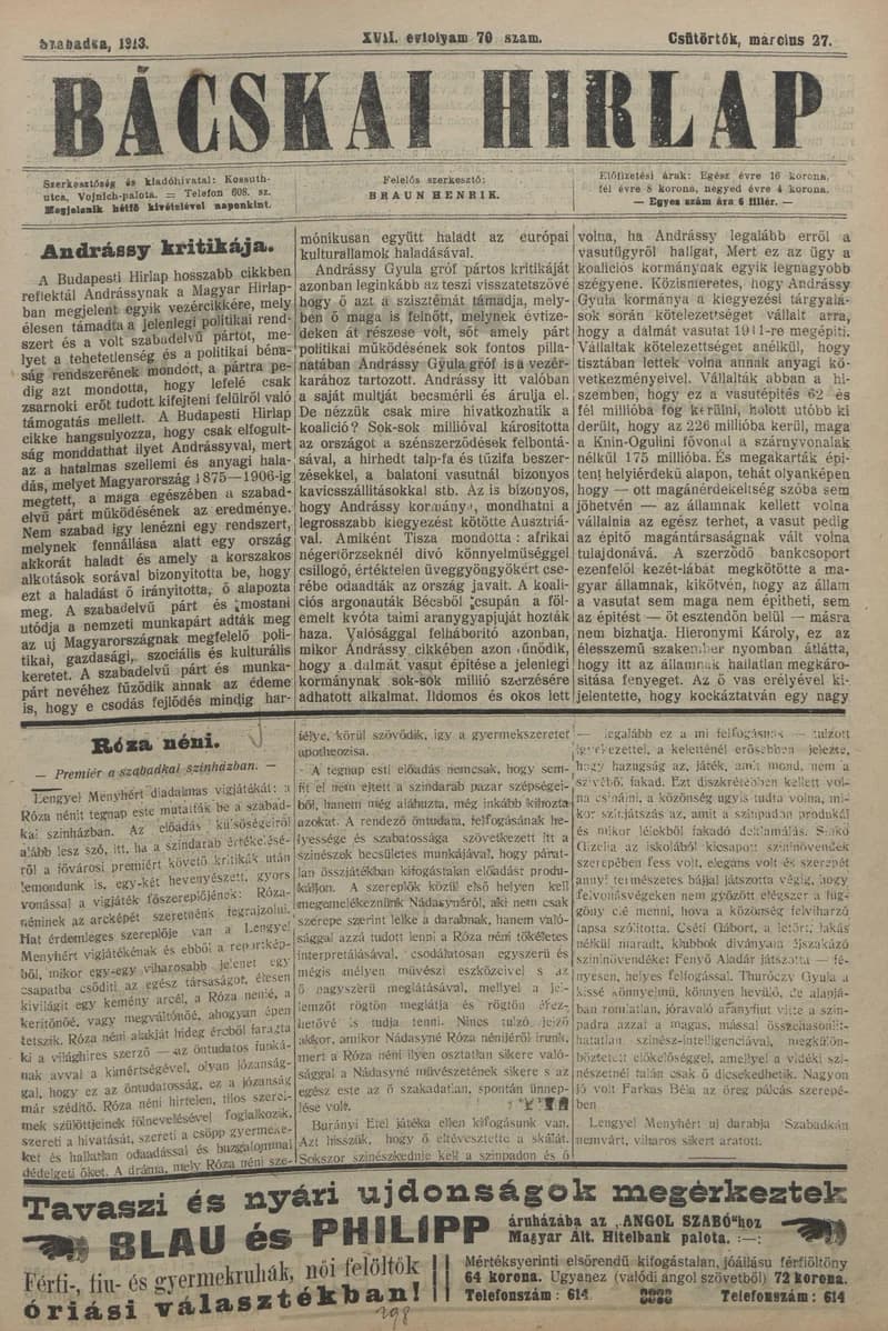 Bácskai Hirlap, 17. évf. 1913. március 27. 70. sz.