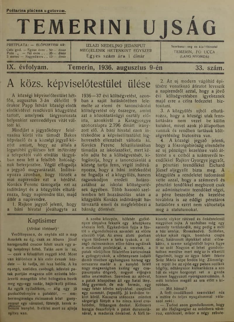 Temerini Újság 1928-1944, 9. évf. 1936. augusztus 9. 33. sz.