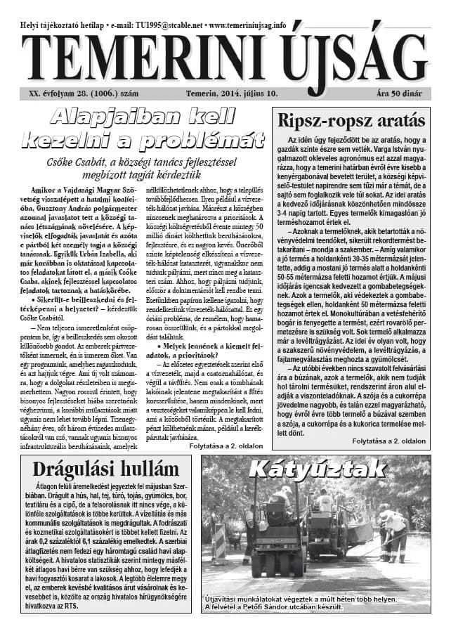 Temerini Újság, 20. évf. 2014. július 10. 28. sz.