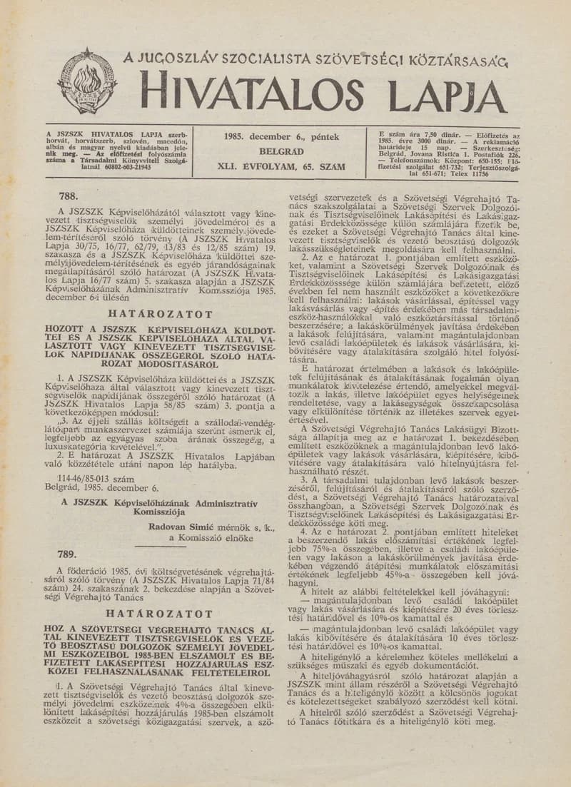 A Jugoszláv Szocialista Szövetségi Köztársaság Hivatalos Lapja, 41. évf. 1985. december 6. 65. sz. 1657–1660. oldal