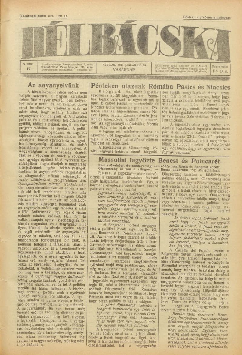 Délbácska, 5. évf. 1924. január 20. 17. sz.