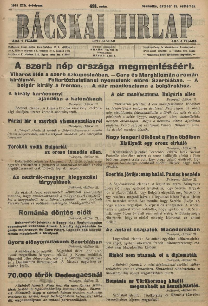 Bácskai Hirlap, 19. évf. 1915. október 21. 481. sz.
